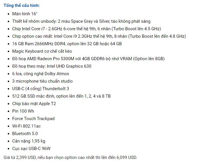 Cấu hình macbook pro mới 2019 2020